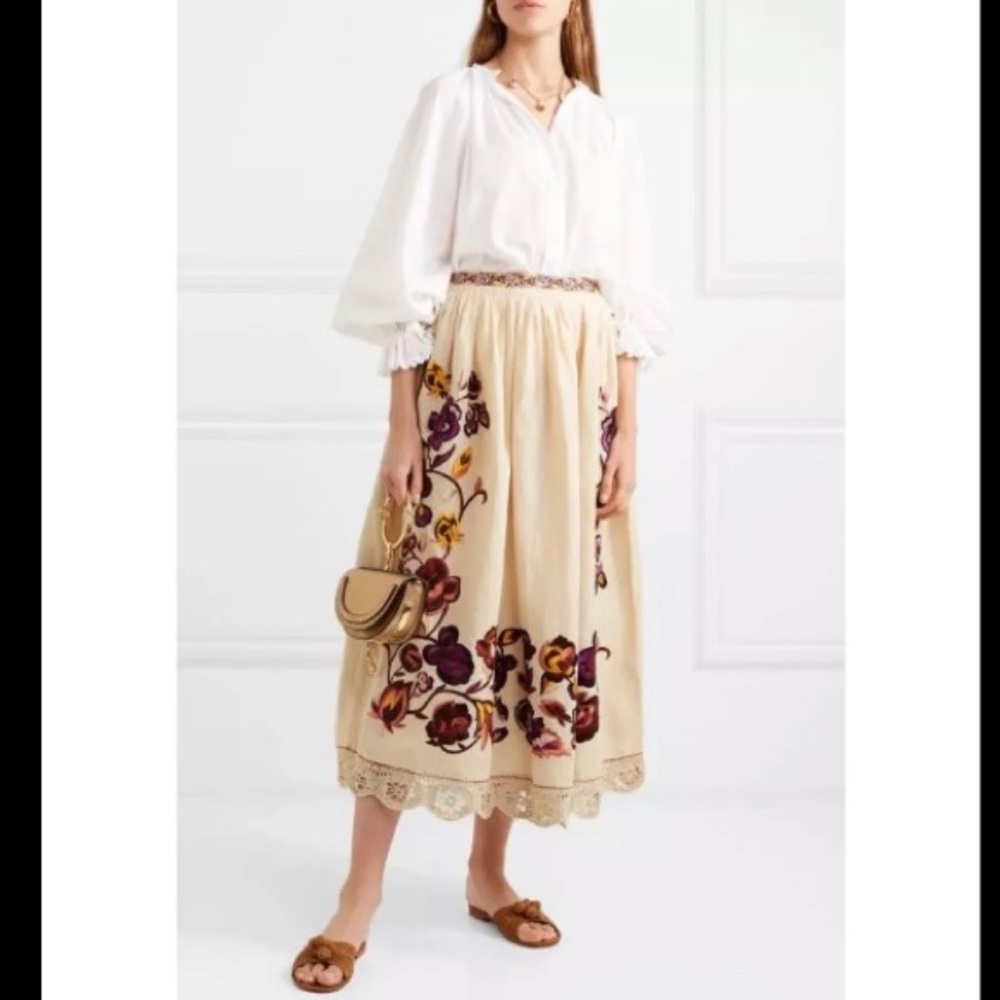 ULLA JOHNSON Yana Embroidered Linen And Cotton-Blend Midi Skirt